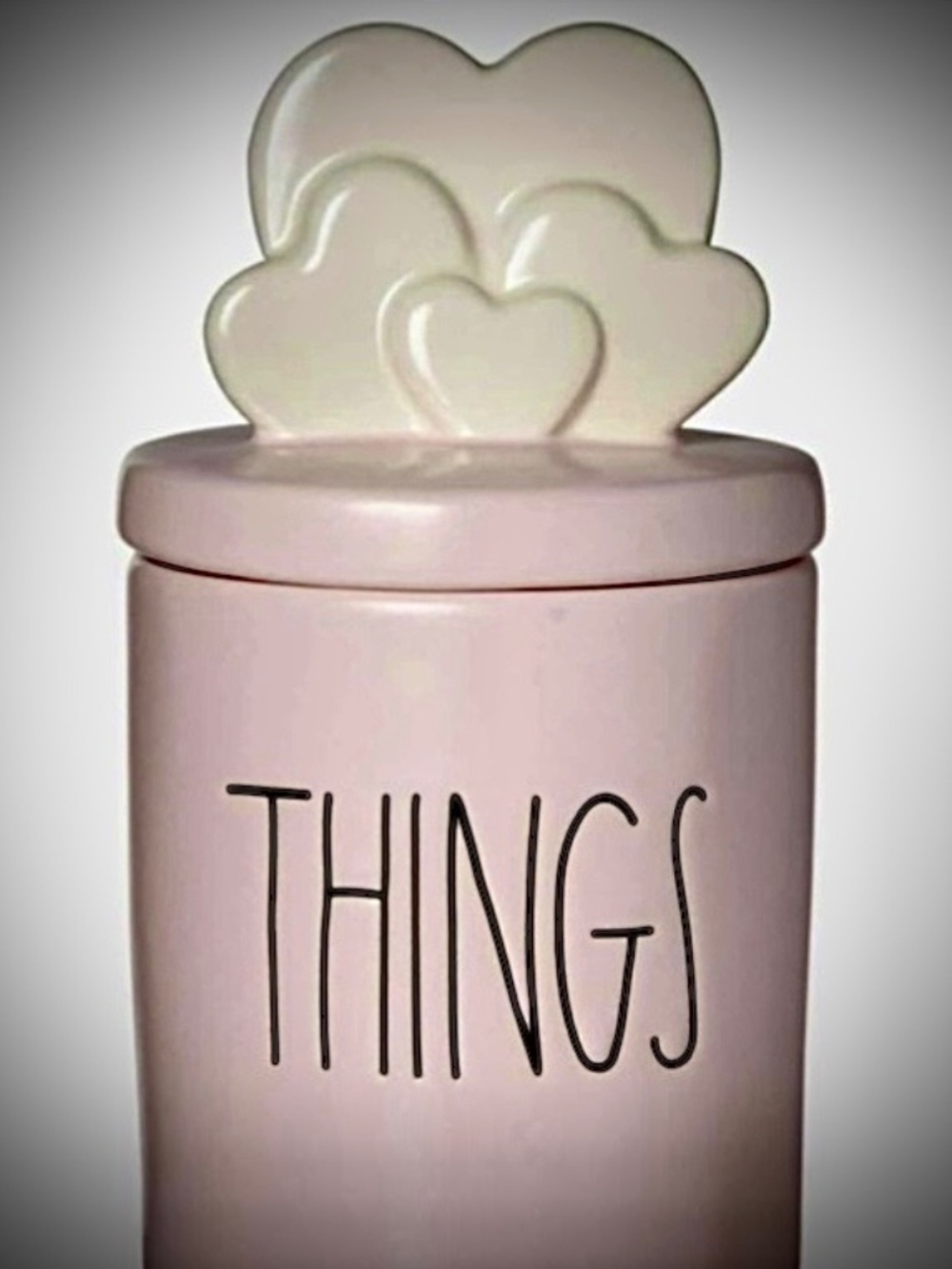 New Rae Dunn Ceramic Canister Pink With White Heart Cluster Top Saying “THINGS”